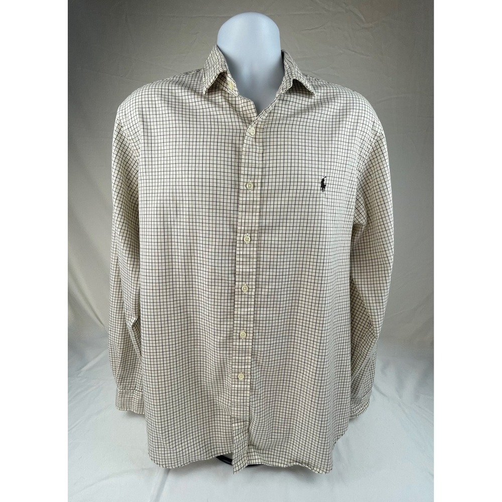 Polo Ralph Lauren Mens Tattersall Check Button Down Shirt Tan Navy Blue Large